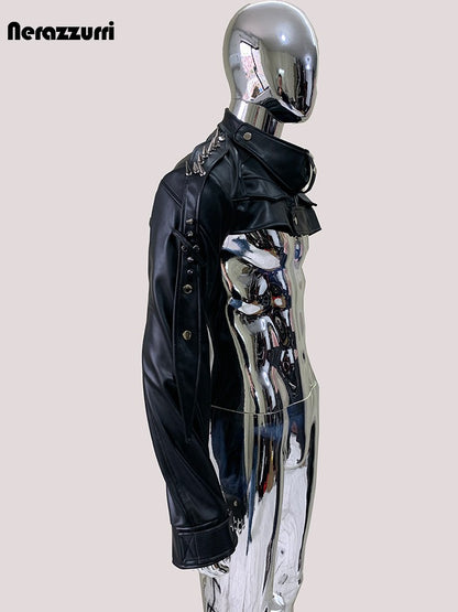 Mauroicardi Cool Black Cropped Pu Leather Jacket Men Rivet Shoulder Pads Zip Up Short Luxury Punk Style Clothes European Fashion