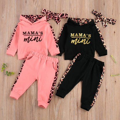 Infant Baby Girl Long-sleeved Trousers Suit Letter Hooded T-shirt Leopard Stitching Long Pants Headband 3Pcs Clothes Spring Fall