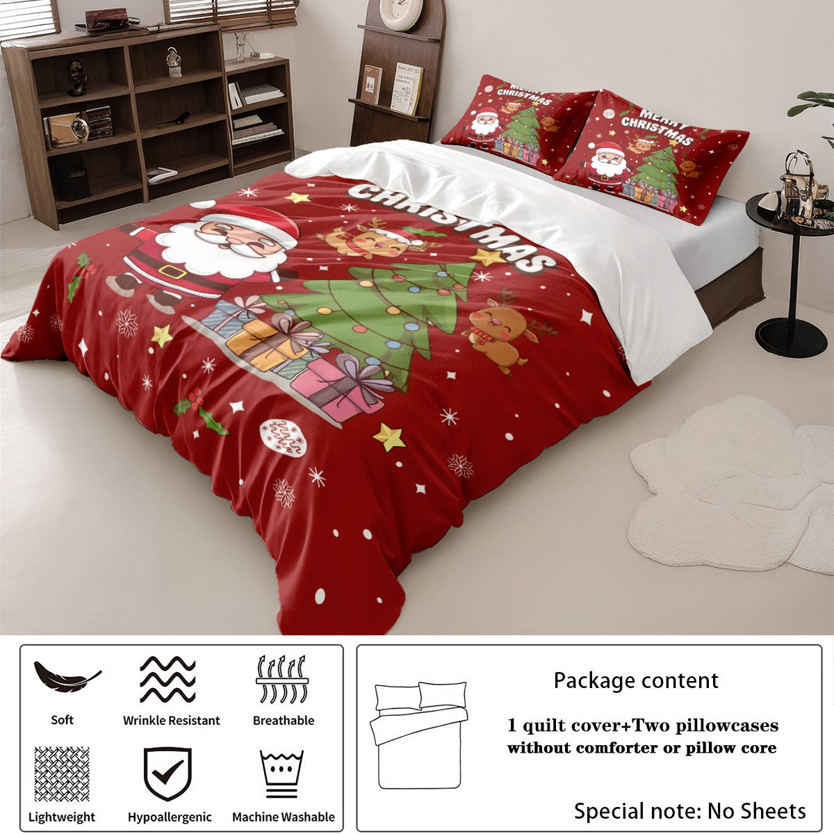 3pcs Santa Claus Christmas Tree Print Coreless Duvet Set Bedroom Dormitory Bedding Decoration Comfortable Machine Washable