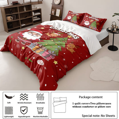 3pcs Santa Claus Christmas Tree Print Coreless Duvet Set Bedroom Dormitory Bedding Decoration Comfortable Machine Washable