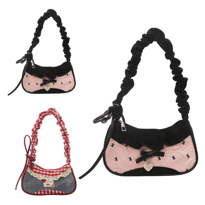 New Cute Checkered Handbags Sweet Lace Underarm Bag Bowknot Armpit Shoulder Crossbody Bag Y2k Fashion Casual Shoulder Bag