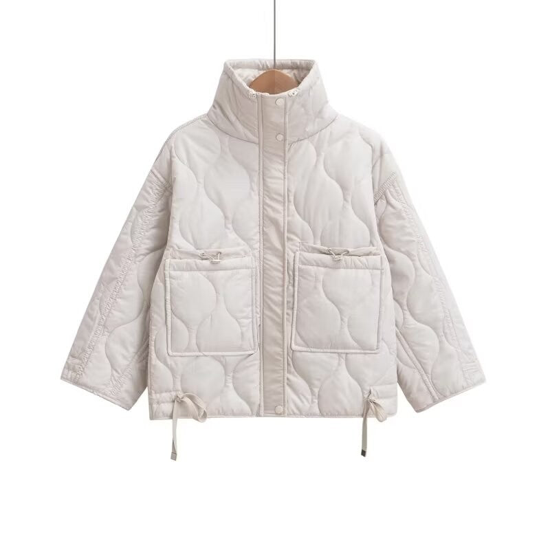 2024 autumn new women's fashion pocket decoration loose long sleeved stand collar diamond grid cotton jacket short jacket