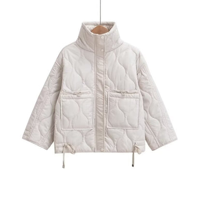 2024 autumn new women's fashion pocket decoration loose long sleeved stand collar diamond grid cotton jacket short jacket
