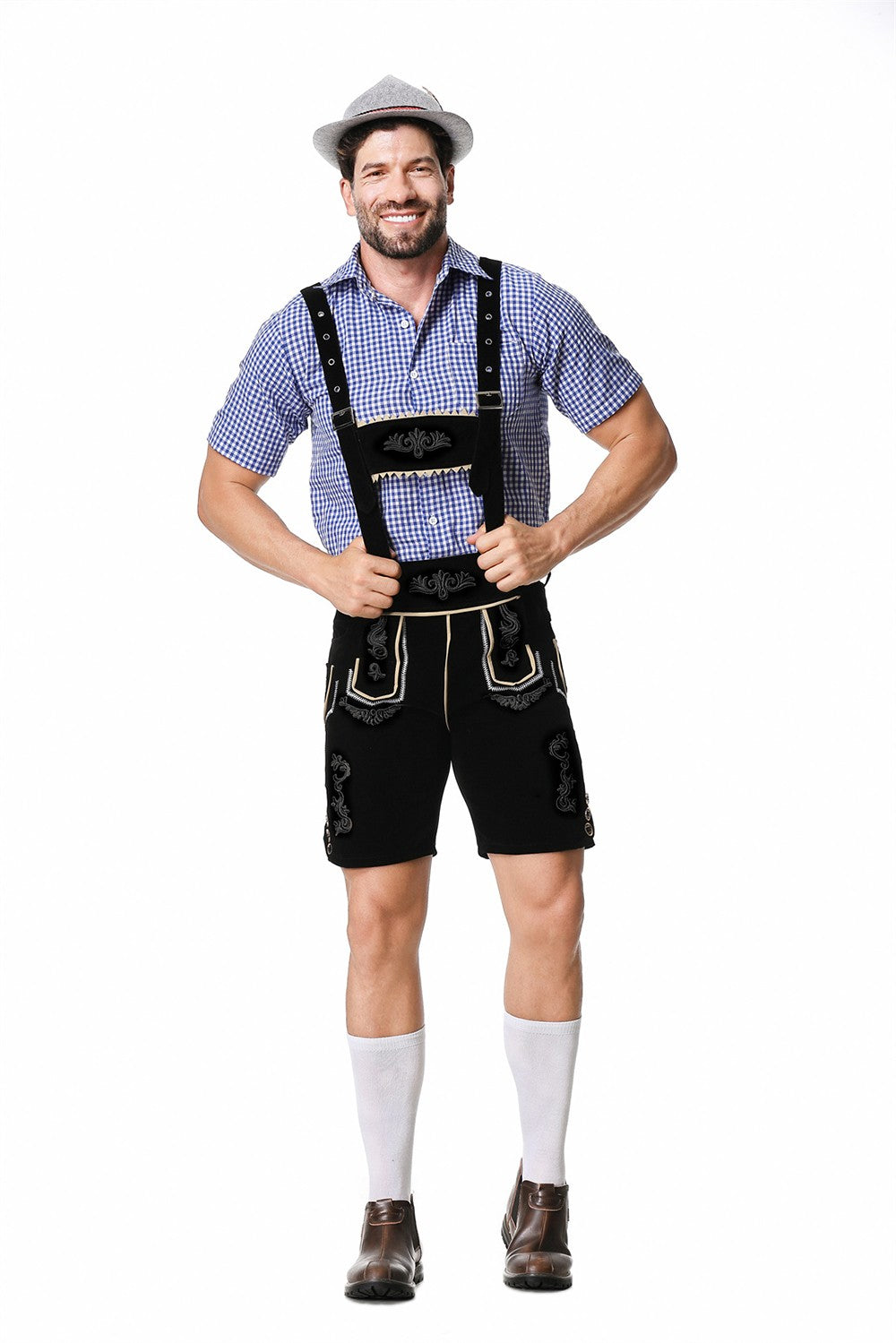 Male Oktoberfest Lederhosen Costume Bavarian Octoberfest German Beer Costume Shirt Suspender Shorts Hat Cosplay Costumes