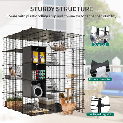 Gaiola Grande Interna com Armazenamento Cubo DIY Gatis Externos Cercados Metálicos com Rede Plataformas para 1-4 Gatos 5 Níveis
