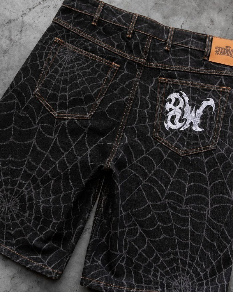 2025 New Street Hip-hop Retro Spider Web Fashion Loose Denim Shorts Men American Harajuku Y2K Casual Punk Straight Pants Women