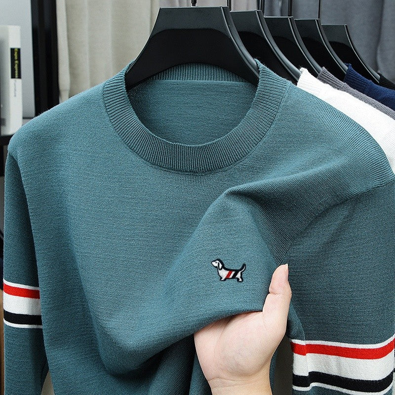 Hot Selling Original Quality Men's Knitted Sweater Striped Sleeves Cartoon Print O-Neck Pullover Autumn Winter Casual Menswear