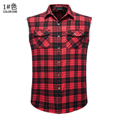 Men's Casual Flannel Plaid Sleeveless Shirt New Double Pocket Cowboy Button Down Shirts Men Cotton Plus Size Vest Checkered Top