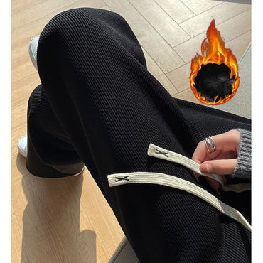 Winter Lady Korean Fashion High Waist Fleece Pants Women Slim Fit Straight Leg Plush Trousers Girls Snow Warm Casual Pants
