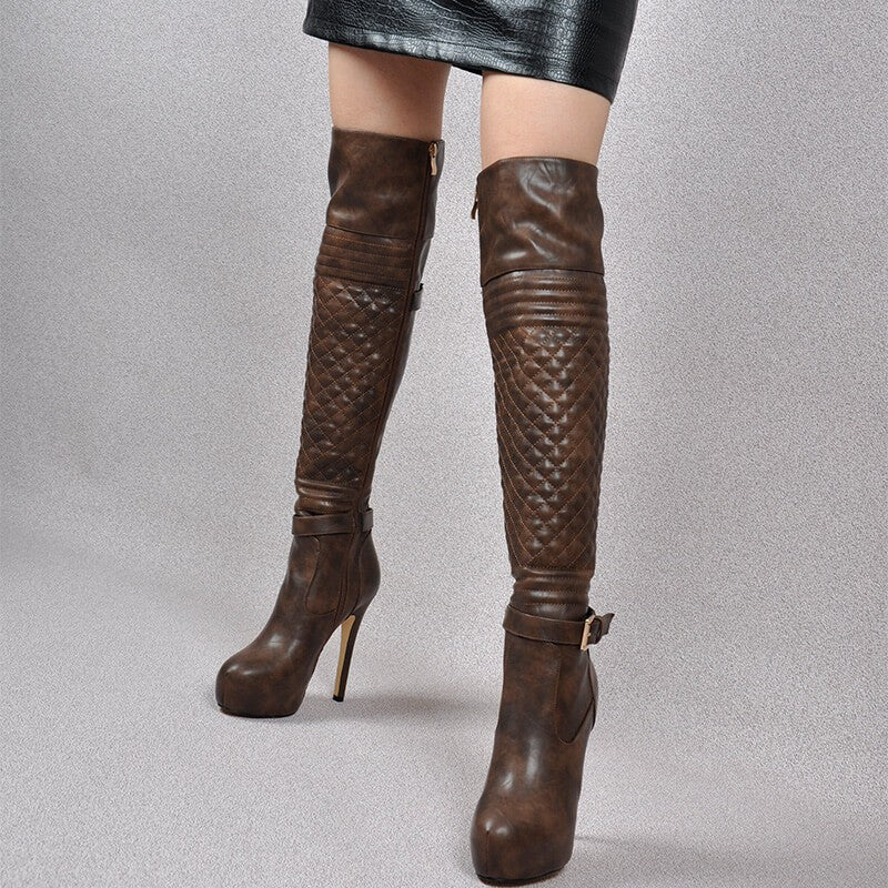 Onlymaker Women Over The Knee Boots Thin High Heel Lady Black Metal Chain Decoration Zipper Female Platform Boots