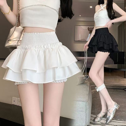 Princess Kawaii Sweet Mini Skirt Elastic High Waist Ballet-Style Tiered Skirt New White Casual Matching Girl's Short Cake Skirt