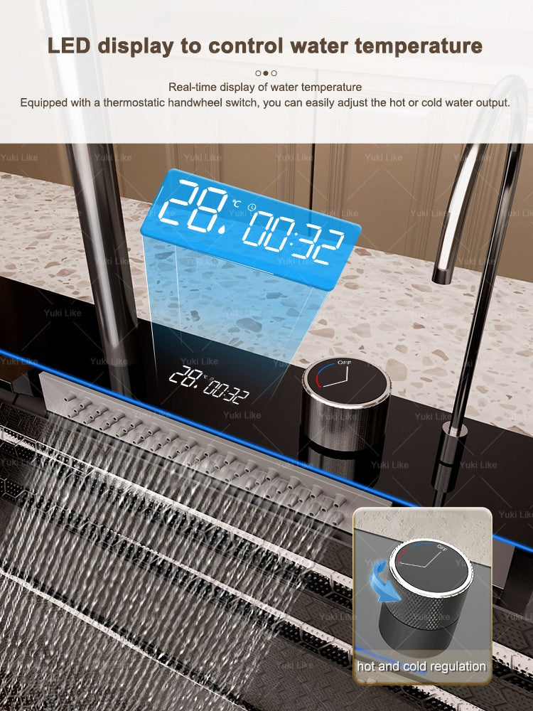 Stainless Steel Golden Kitchen Sink Multifunctional Waterfall Outlet Single Slot Piano Button Digital Display