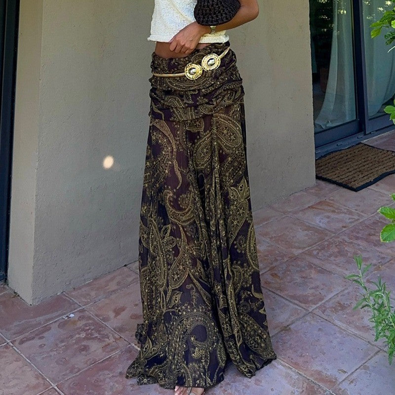 Irregular Printed Big Swing Long Skirts for Women High Waist Buttock Cover A-Line Maxi Skirt Female Vintage Bottom Clothes