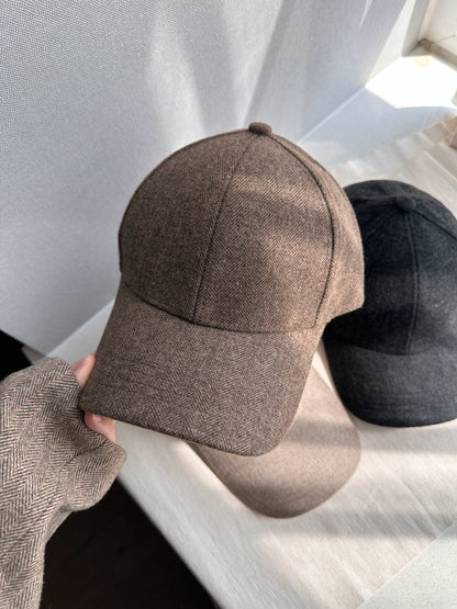 Stylish Wool Herringbone Baseball Cap for Men & Women, Thick Hard Top, Small Face