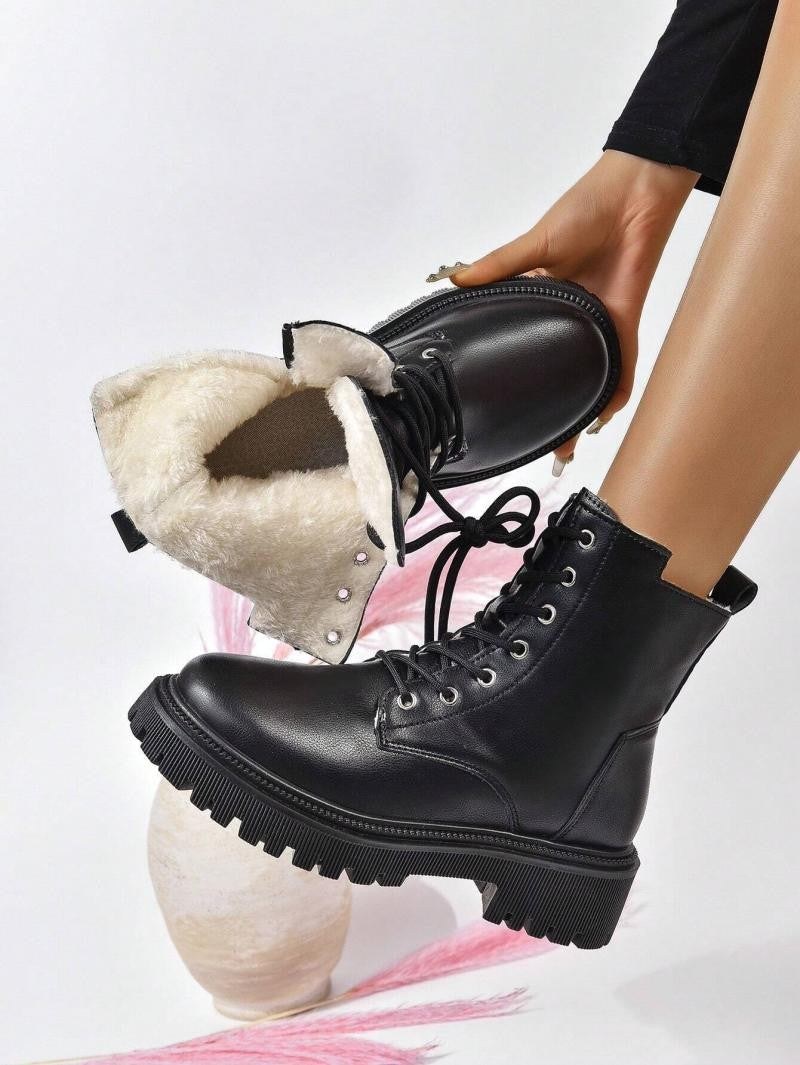 Thick Warm Long Plush Ankle Boots for Women Winter 2024 Lace Up Pu Leather Motorcycle Boots Woman Plus Size Short Booties Shoes