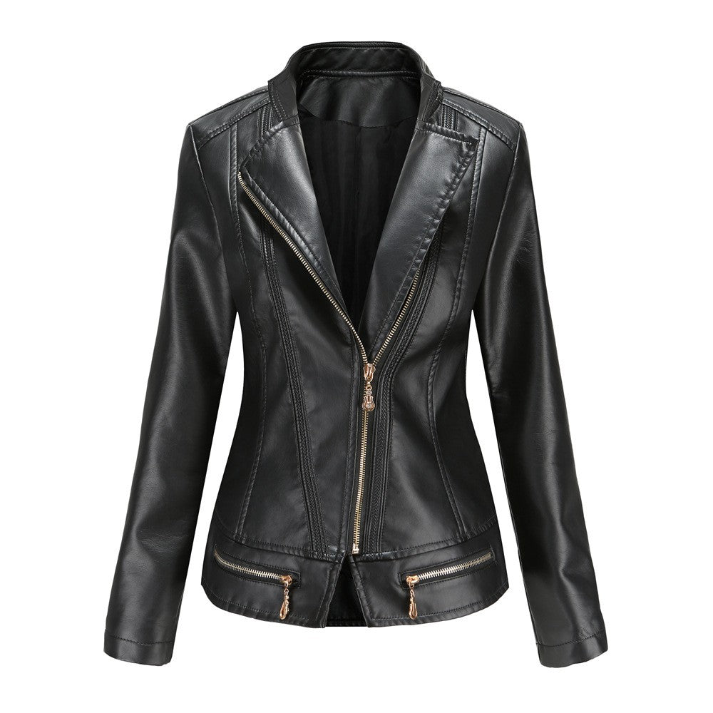 Women's Bright Red Lapel PU Jacket, Zippered Embellished Leather Jackets, Women Fashion Casual Coat of Female Outerwear