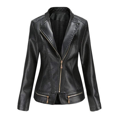 Women's Bright Red Lapel PU Jacket, Zippered Embellished Leather Jackets, Women Fashion Casual Coat of Female Outerwear