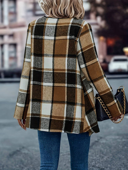 Women Plus Size Woven Open Front Long Sleeve Checkered Pattern Casual Jacket Classic Plaid Outerwear for Spring Autumn
