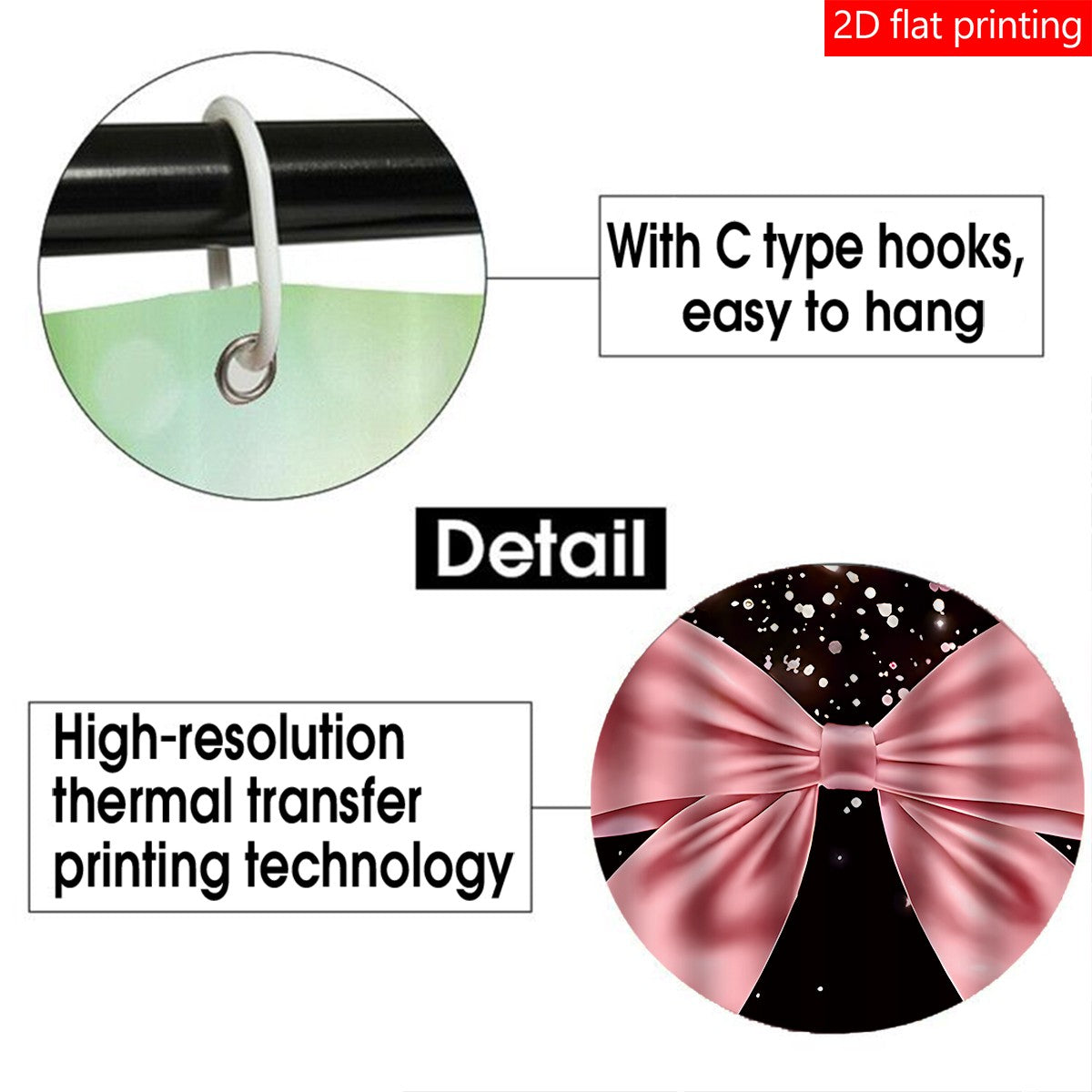 4pcs Black and Pink Large Bow Pattern Printed Shower Curtain Set, Wet & Dry Bathroom 4-Piece Set, Home Decor Shower Curtain with