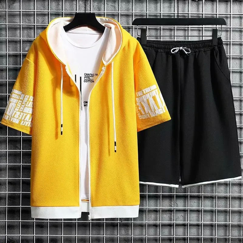 Summer Thin Men's Sports Suit 2-piece Set Casual Hooded Quick Dry Running Exercise Clothes Short Sleeve Shorts