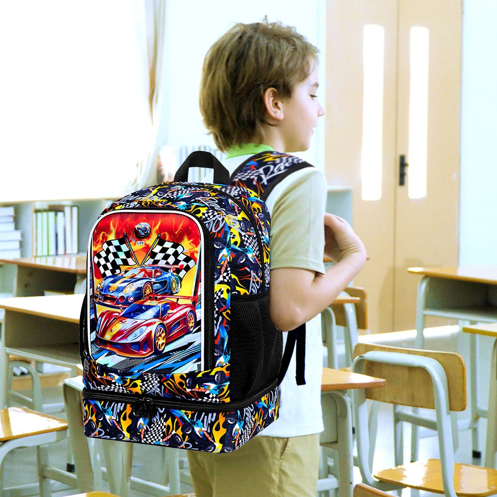 Mochila 2 em 1 de Carro de Corrida para Meninos, Mochila Escolar Infantil de 17 polegadas com Lancheira Térmica, Mochilas Escolares para Ensino Fundamental e Pré-escola