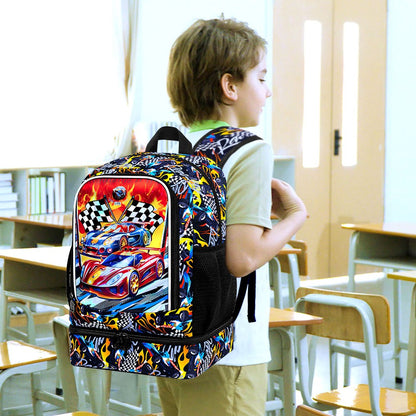 Mochila 2 em 1 de Carro de Corrida para Meninos, Mochila Escolar Infantil de 17 polegadas com Lancheira Térmica, Mochilas Escolares para Ensino Fundamental e Pré-escola
