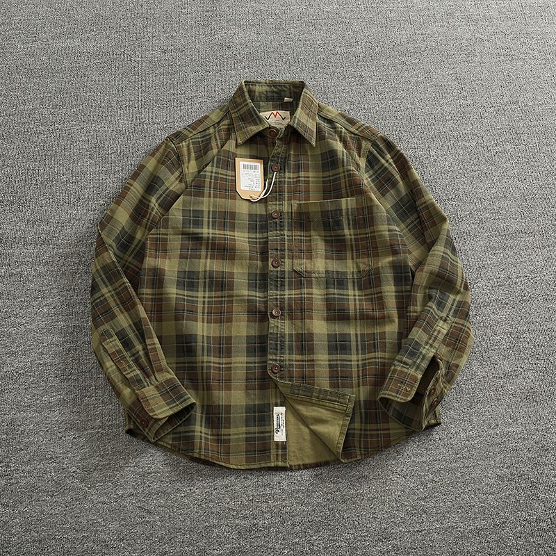 2024 Spring and Autumn New American Retro Woven Plaid Cargo Shirt Men's Simple 100% Cotton Washed Single Pocket Thin Jacket