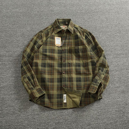 2024 Spring and Autumn New American Retro Woven Plaid Cargo Shirt Men's Simple 100% Cotton Washed Single Pocket Thin Jacket