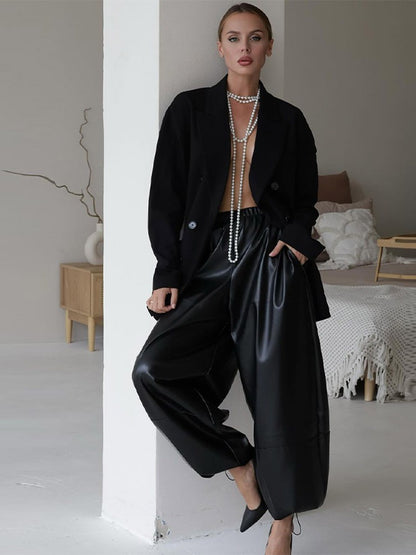 Street PU Leather Bloomers Women Elastic Waist Hip Hop Wide Leg Pants Street Balloon Lace Up Jogger 2025 Autumn New Casual Pant