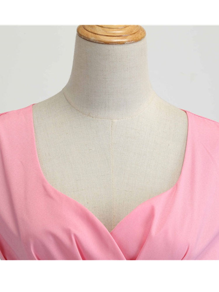 Pink Summer Dress Women V Neck Vintage Robe Elegant Retro pin up Party Office Mi