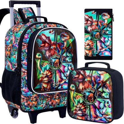 Mochila de Rodinhas 3 Peças para Meninas e Meninos, Mochila Escolar Infantil com Rodinhas, Bolsa Escolar Elementar com Rodas e Lancheira