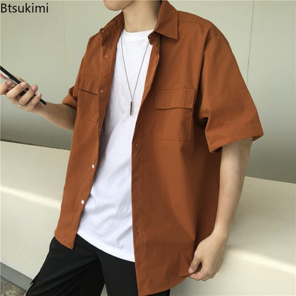 Summer Basic Shirts for Men 2025 New Half Sleeve Cargo Shirts Loose Casual Lapel Cardigan Tops Male Shirt Coats Retro Streetwear