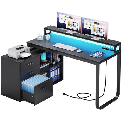 Mesa de computador para jogos em L com gavetas para arquivos para escritório em casa
