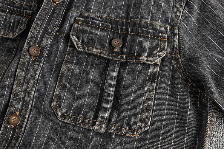 Heavy British retro black gray striped denim shirt for men new autumn end single cargo pocket shirt coat
