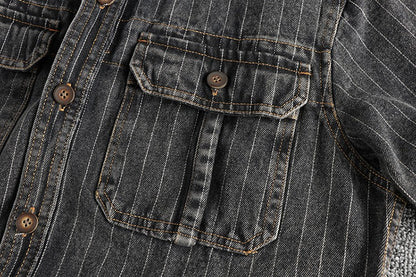 Heavy British retro black gray striped denim shirt for men new autumn end single cargo pocket shirt coat