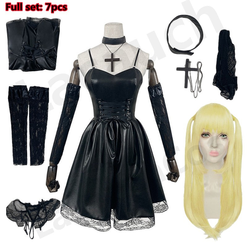 Death Note Cosplay Costume Misa Amane Imitation Leather Sexy Dress +Neck jewelry+stockings+necklace Uniform Outfit Halloween Wig