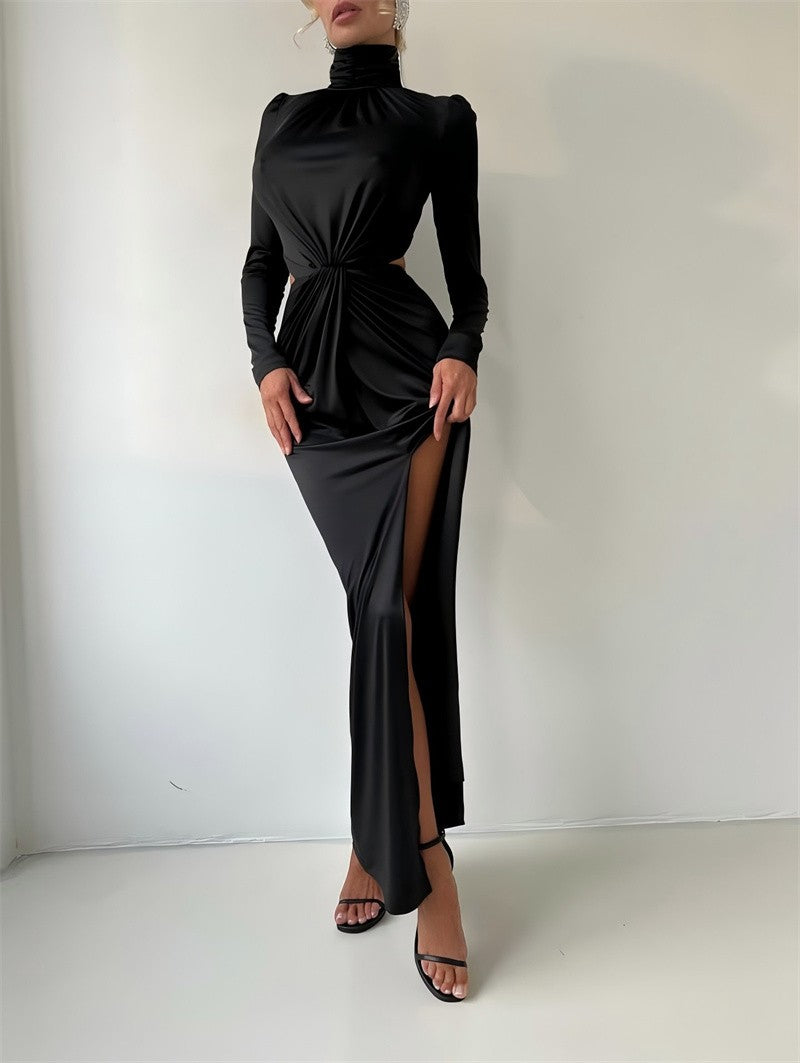 Mozision Turtleneck Backless Sexy Maxi Dress Women Gown Autumn Winter Elegant Long Sleeve Thigh High Split Club Party Long Dress