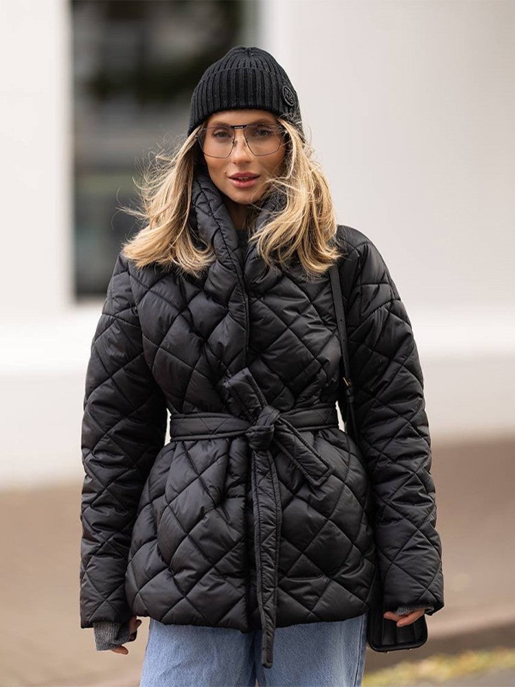 Solid Lapel Lace Up Cotton Coat Women Fashion Long Sleeve Warm Loose Pocket Short Coats Lady New Winter Commute Street Outwears