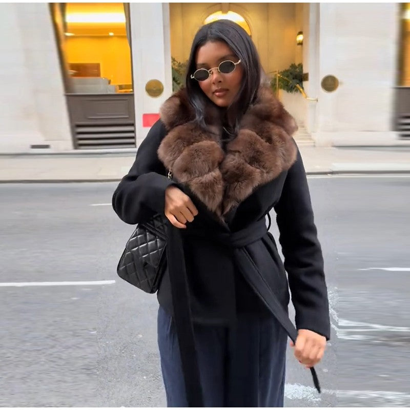 Elegant Faux Fur Lace Up Woolen Coat Women Shawl Collar Belted Waist Full Sleeve Coats Female Autumn Winter Fashion Lady Outwear