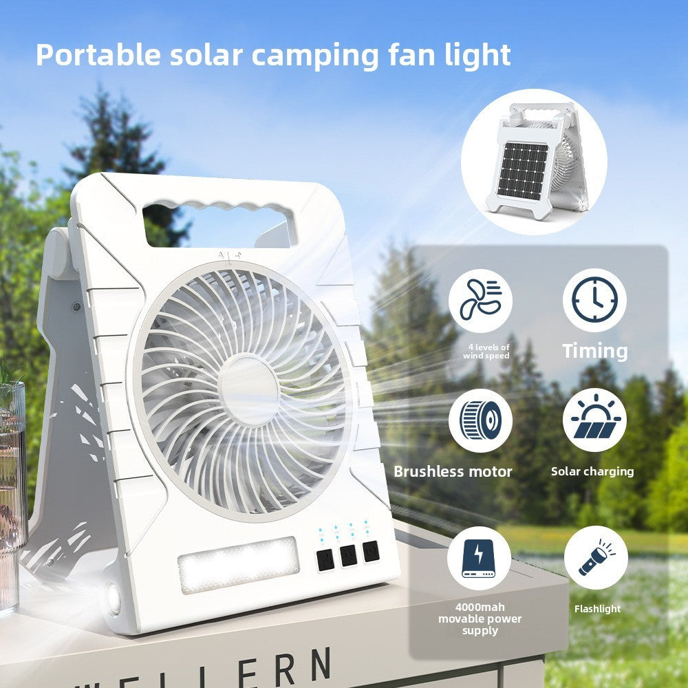 Powered Camping Solar Fan - Portable Rechargeable Handheld Fan with LED Light, Power Bank for Outdoor, Fishing, and Wild Camping