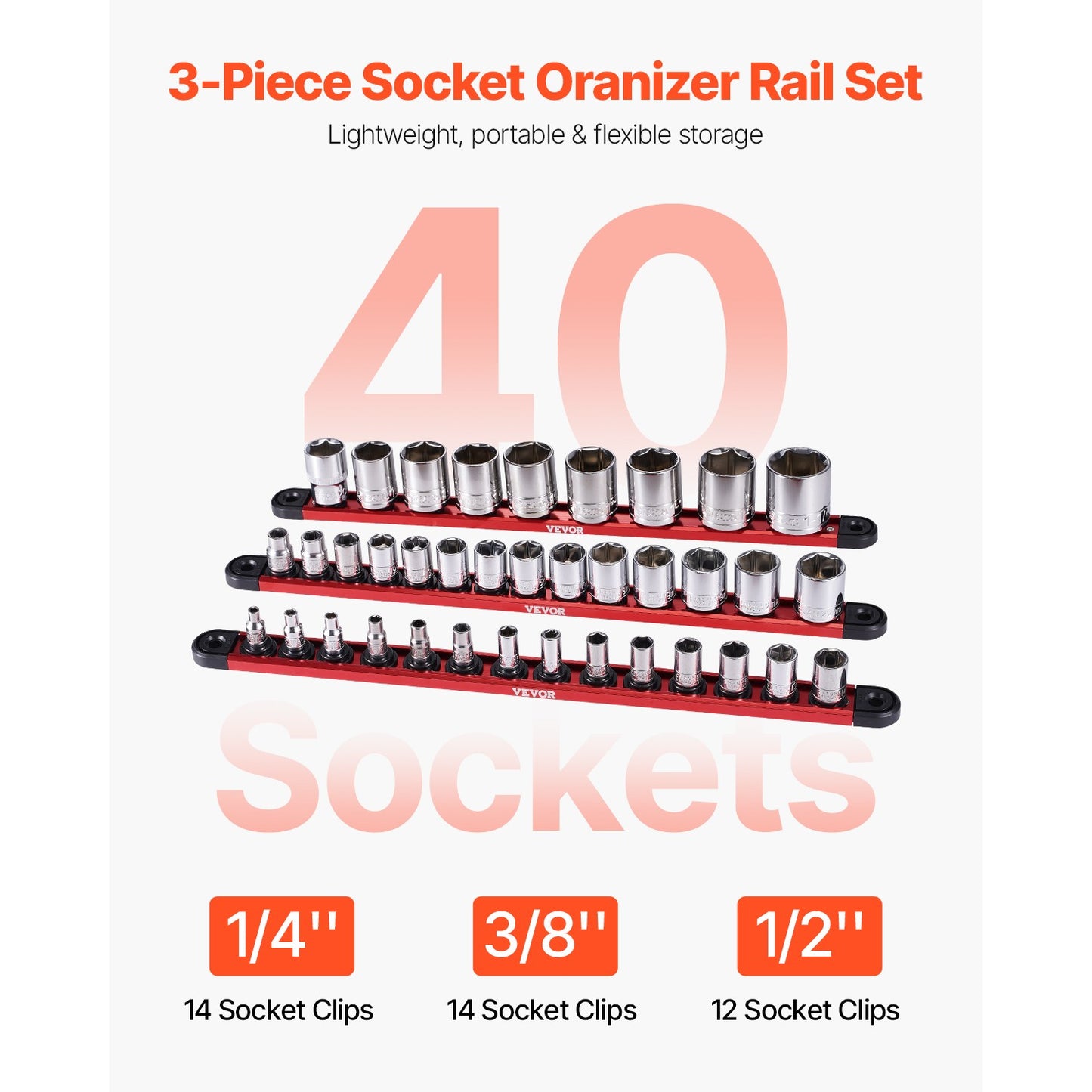 SucceBuy Conjunto de Trilhos Organizadores Magnéticos de Soquetes, 3 Peças, Métrico e SAE, Suporte de Soquetes de Alumínio 3/8'' 1/2'' com Clipes de 360° para Caixa de Ferramentas