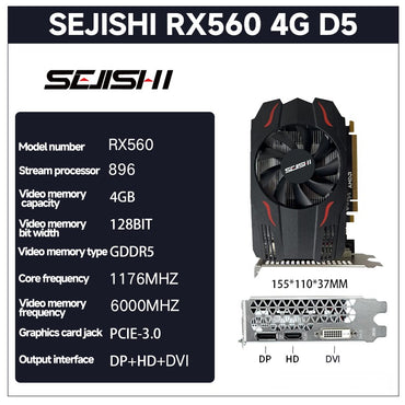 SEJISHI RX 560 4GB Graphics Card AMD Radeon RX560 4GB GDDR5 128Bit 1176MHz Gaming GPU Video Cards For PC Desktop