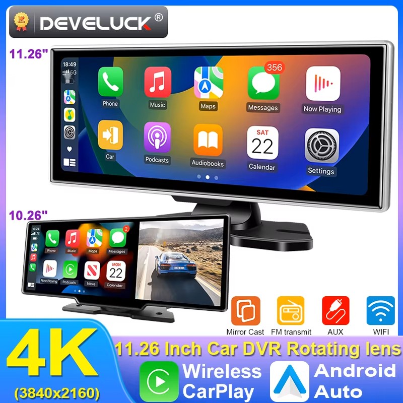 Câmera Veicular 10/11.26 polegadas 4K DVR Automotivo Sem Fio Carplay & Android Auto GPS Navegação Gravador de Vídeo Painel Dupla Lente Wifi FM AUX