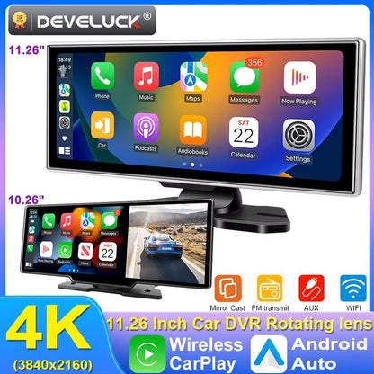 Câmera Veicular 10/11.26 polegadas 4K DVR Automotivo Sem Fio Carplay & Android Auto GPS Navegação Gravador de Vídeo Painel Dupla Lente Wifi FM AUX