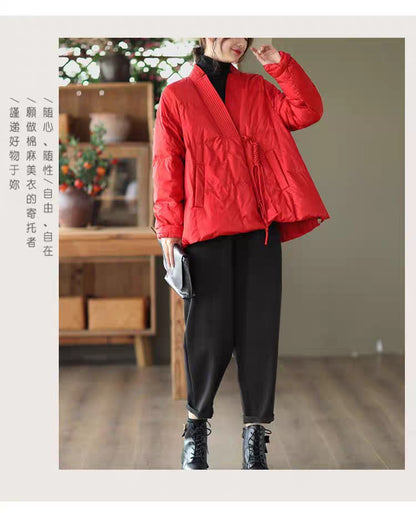 Vefadisa 2024 Autumn Winter New Red Women Parkas Coat V-neck Long Sleeve Short Parkas Casual Warm All-match Parkas Coat ZXY1194A