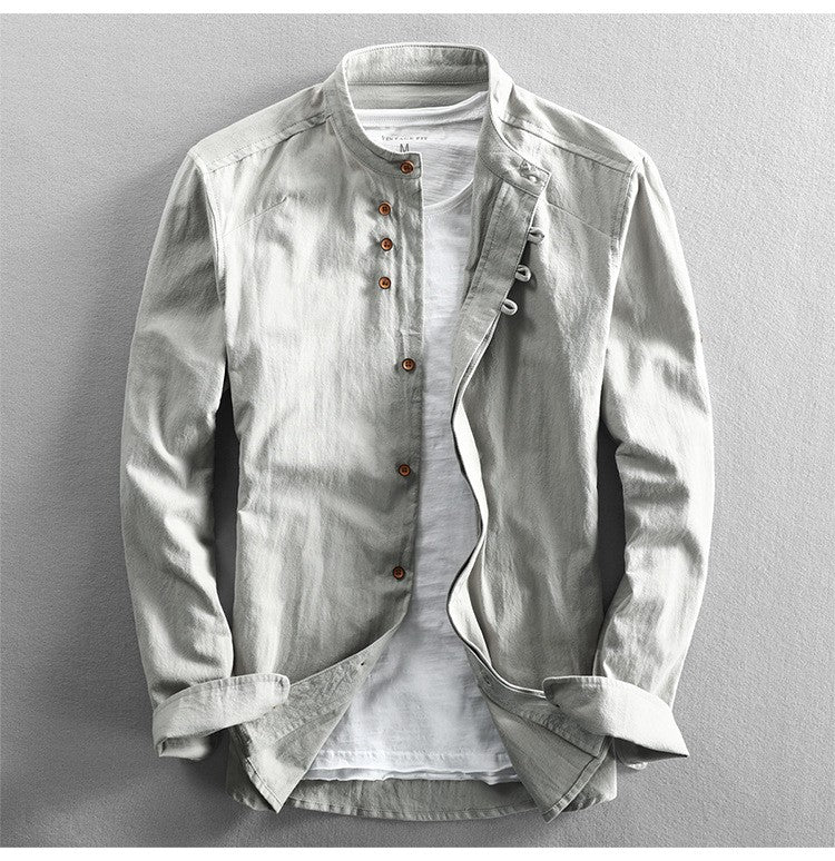 M-7XL 2025 Spring and Autumn New Men's Casual Shirts Retro Chinese Style Stand Collar Slim Cotton Linen Long Sleeve Shirt