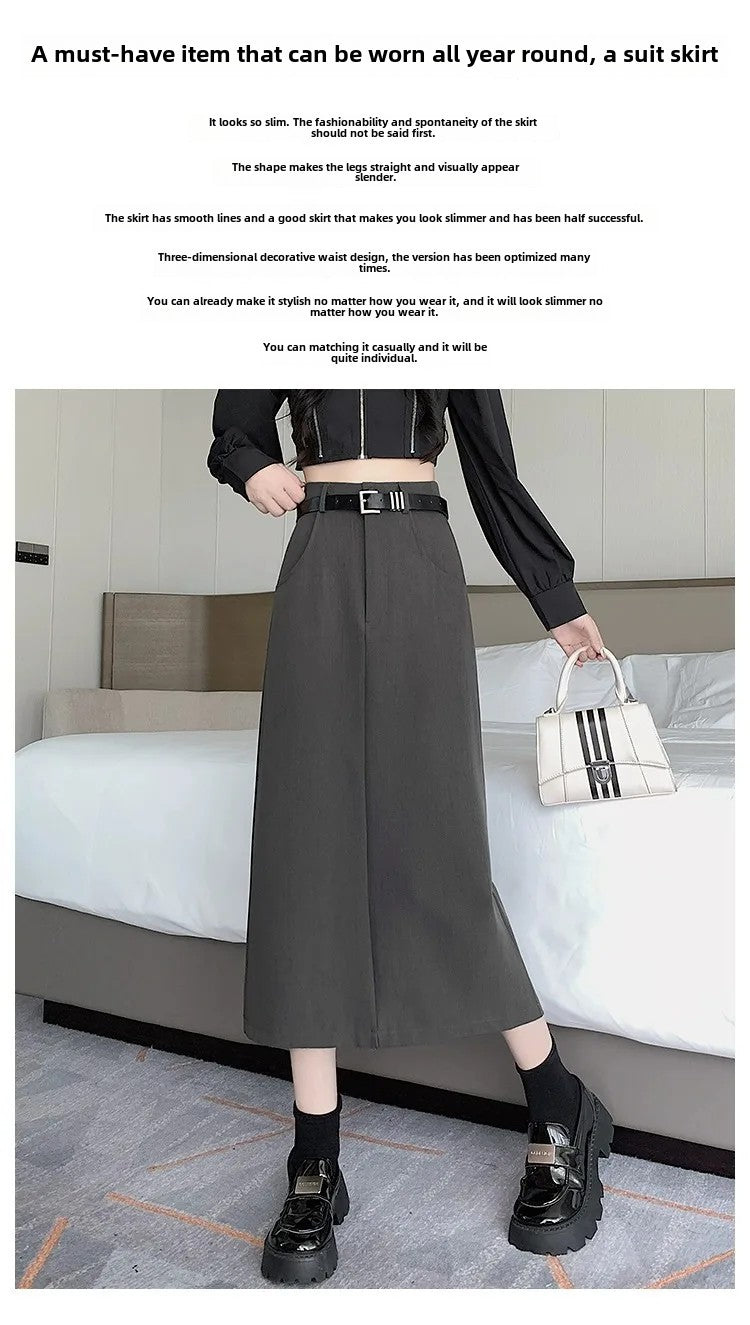Grey High-waisted A- line Skirt Half Dress Petite Long Dress Autumn/winter For Women Side Slit Workwear