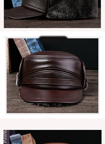 Men's Genuine Leather Duckbill Hat Winter Thickened Warm Outdoor Earflap Cotton Cap Elderly Real Leather Hat Cowhide Warm