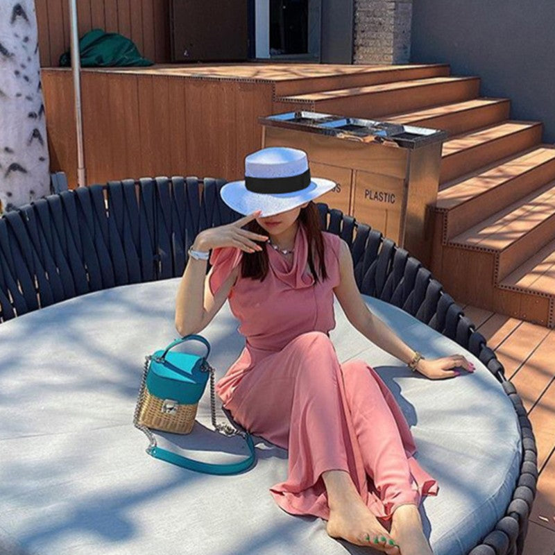 Chapéu de Sol Unissex de Verão com Topo Plano para Mulheres e Homens, Cor Sólida, Aba Larga, Fita Preta, Chapéu de Palha de Praia Dobrável, Bonés Frescos para Férias