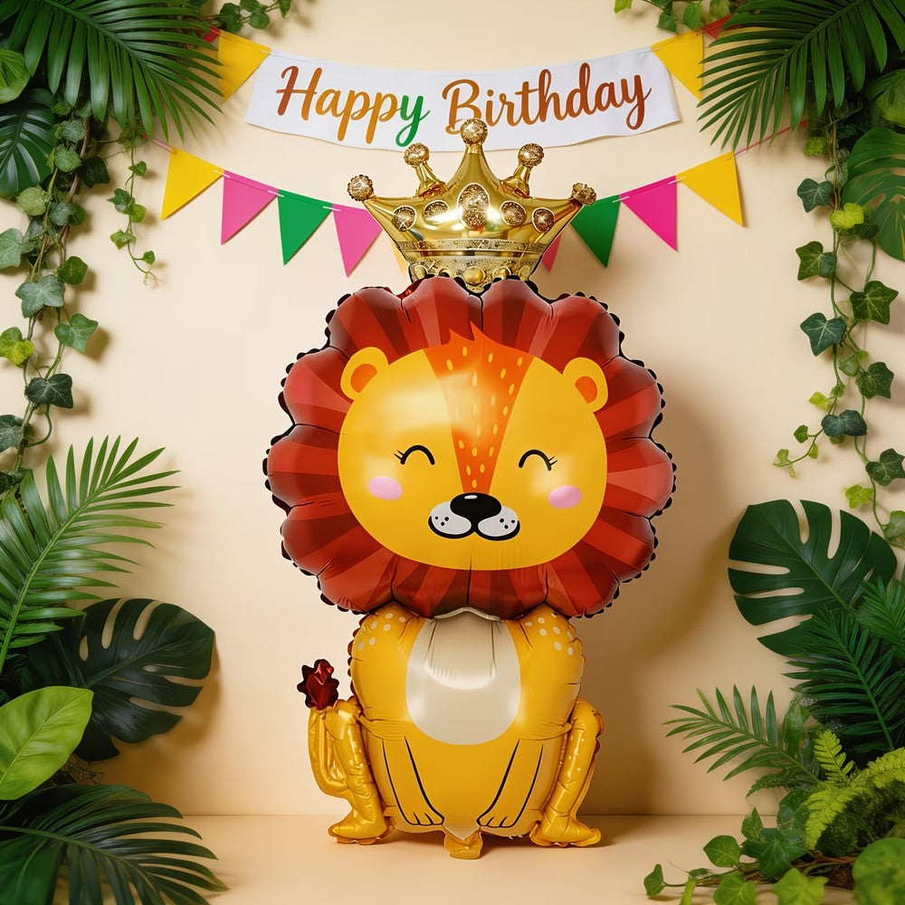 Cute Crown Little Lion King Foil Balloon, Cartoon Lion with Golden Crown Mylar Balloon for Jungle Safari Wild Animal Theme Birth